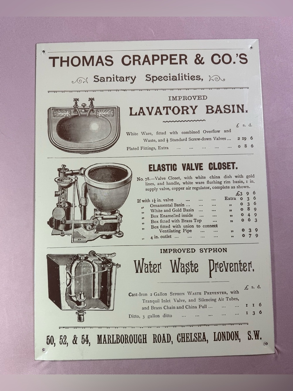 Vintage 1995 Great Britain Thomas Crapper & Co’s Tin Bathroom Toilet Metal Sign